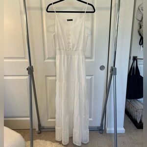 PRETTYGARDEN V-Neck Adjustable Spaghetti Strap 5 Tiered Maxi Dress White Medium